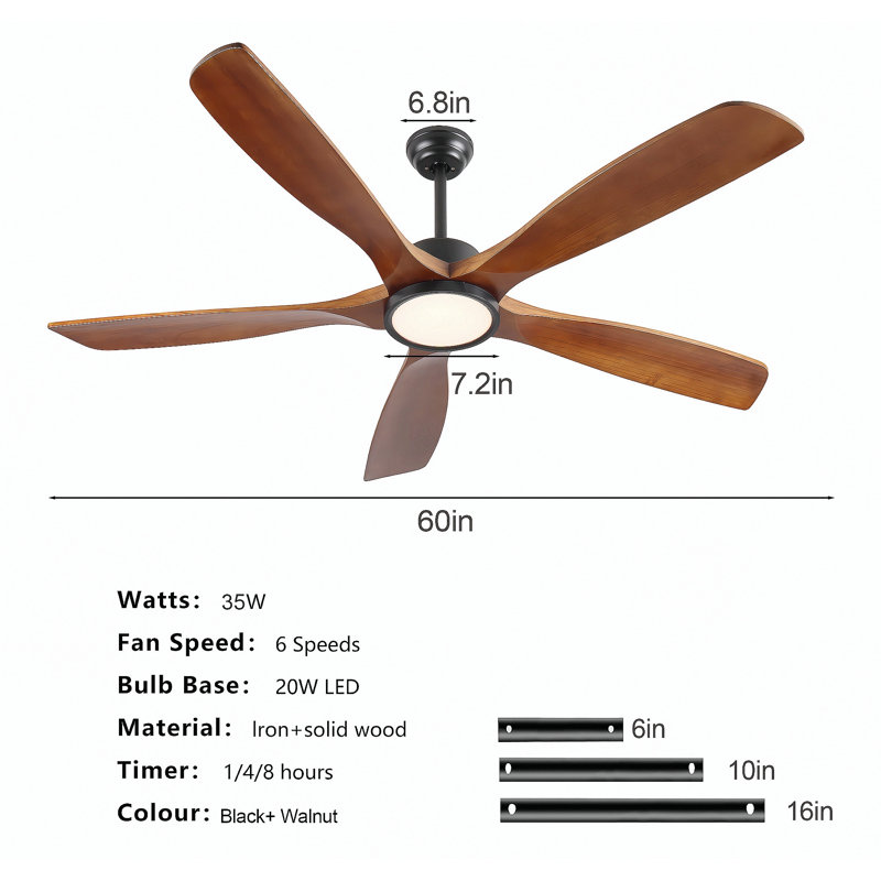 Ventilateur de plafond noir 60 po avec lumière, 5 pales en bois massif, moteur à courant continu réversible à 6 vitesses pour chambre à coucher, salle à manger, salon