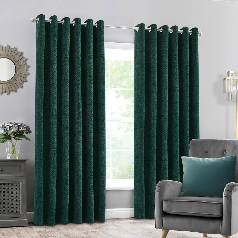 Luxury Chenille Eyelet Blackout Curtains 168 x 183 cm (2 Panels) Dark Green