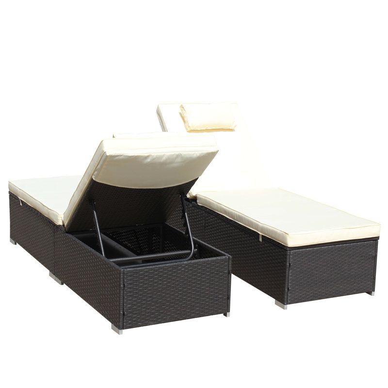 3Piece Outdoor Patio Furniture Set Chaise Lounge, Patio Reclining Rattan Lounge Chair Chaise Couch Cushioned With Glass Coffee Table, Adjustable Back And Feet, Lounger Chair For Pool Garden, Blue