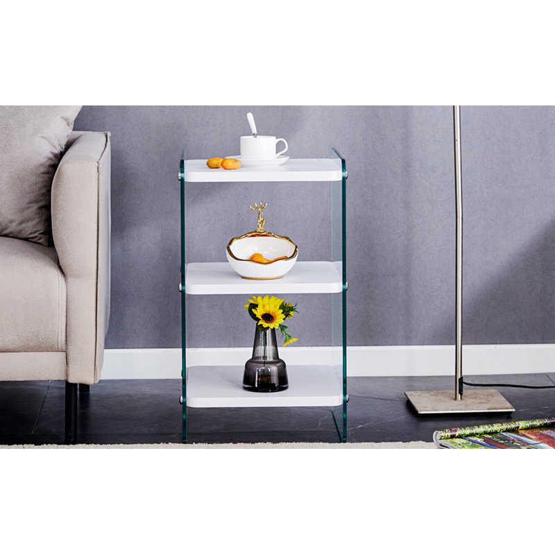 Table de chevet avec tablette ouverte et pieds en verre trempé, Blanc