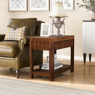 25'' Rectangular Farmhouse End Table With Storage Shelf, Solid Wood Legs
