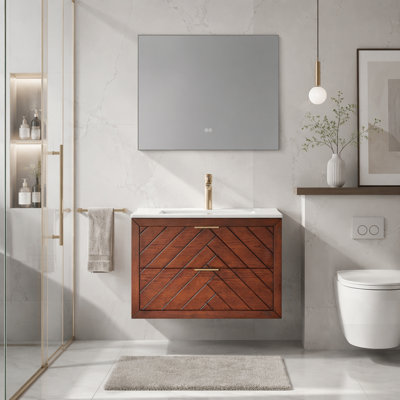 Meuble-lavabo flottant mural pré-assemblé avec plateau en céramique à 1 trou et tiroirs profonds pour un rangement efficace