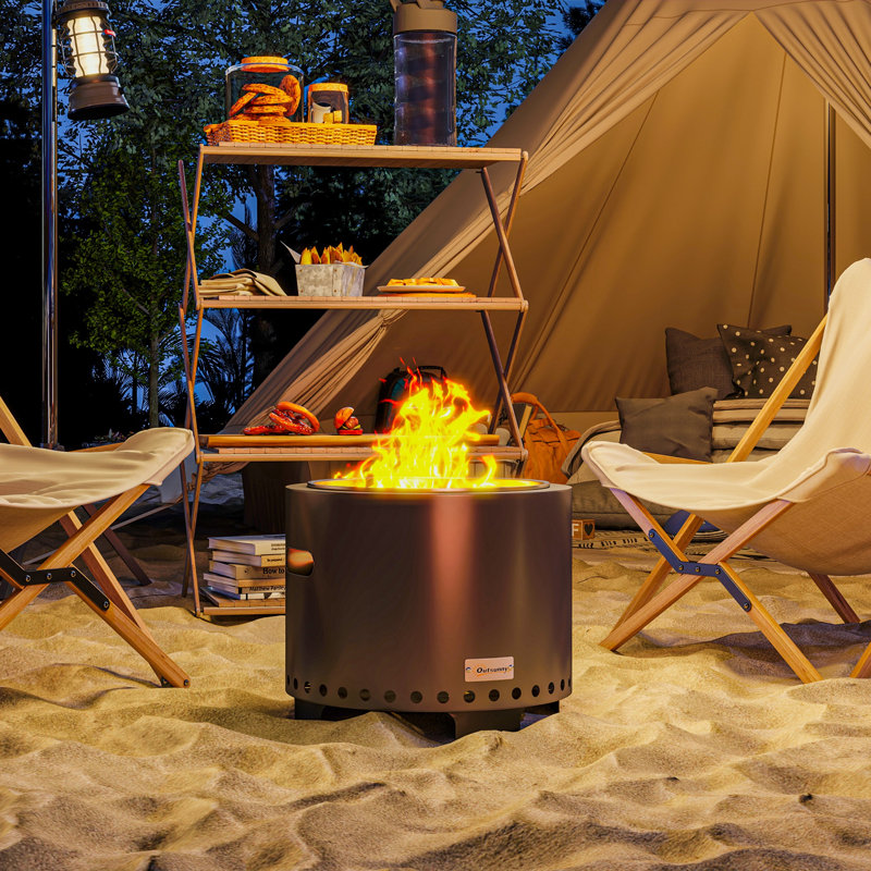 Round Wood Burning Fire Pit, Smokeless Steel Fire Pit with Poker Grey
