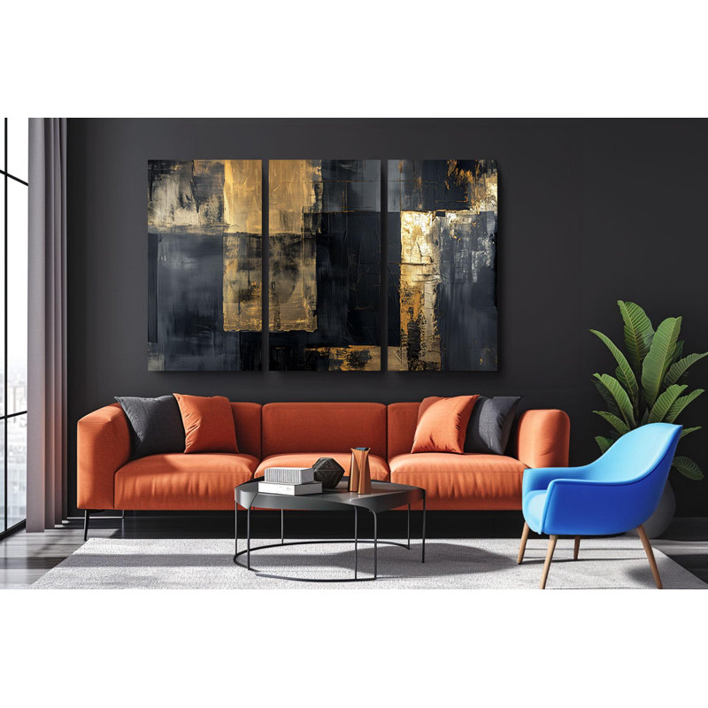 Reproduction d'art, reproduction d'art sur toile Triptych - ensemble de toiles abstraites noires et grises, H 30 po x l 60 po