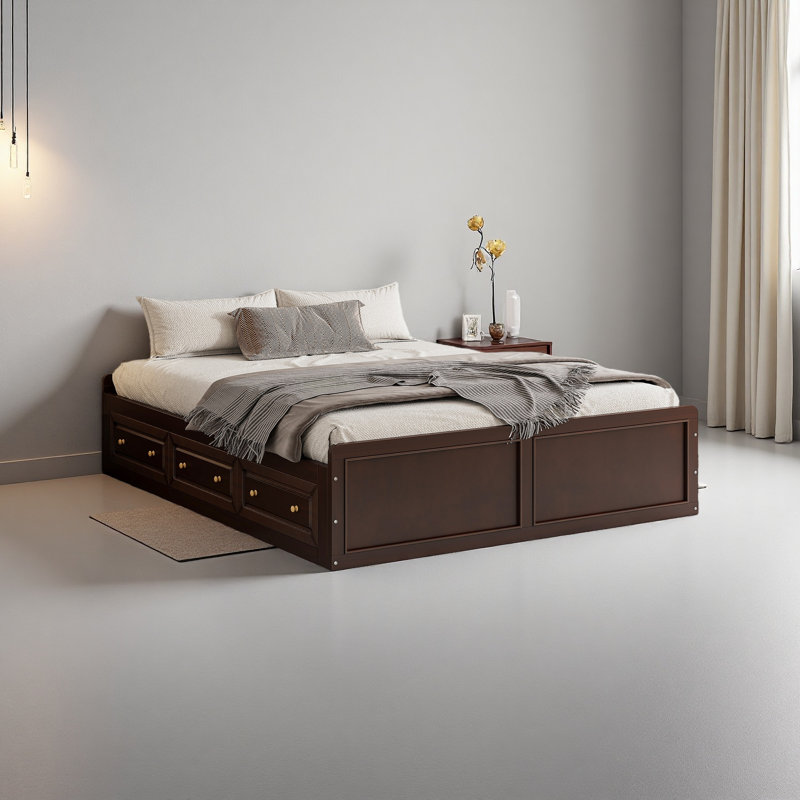 Structure de lit plateforme en bois avec 6 tiroirs, Espresso
