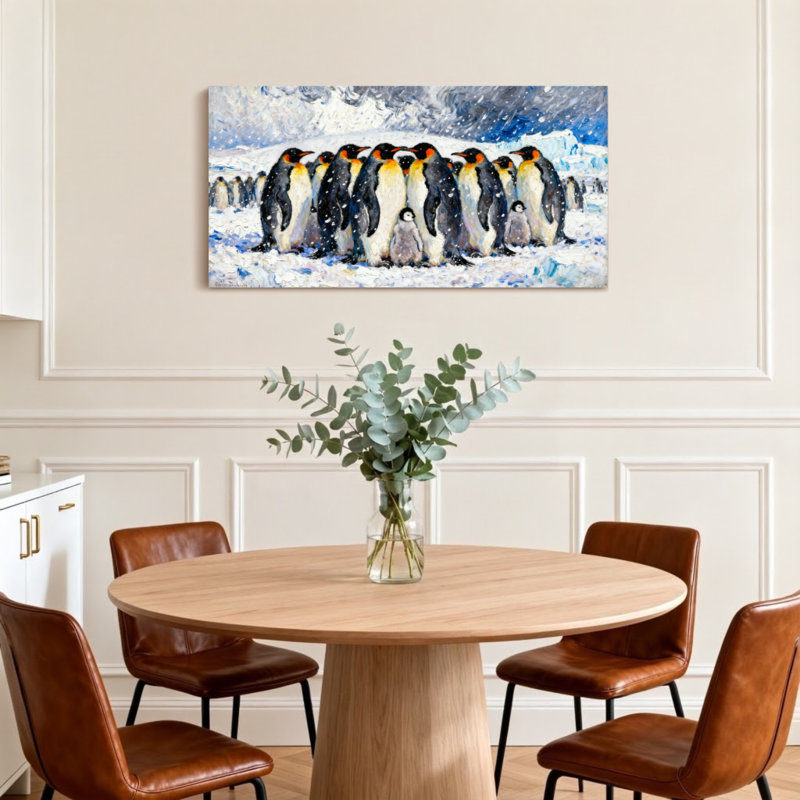 Animaux, groupe de pingouins dans un paysage enneigé, H 24 po x l 48 po