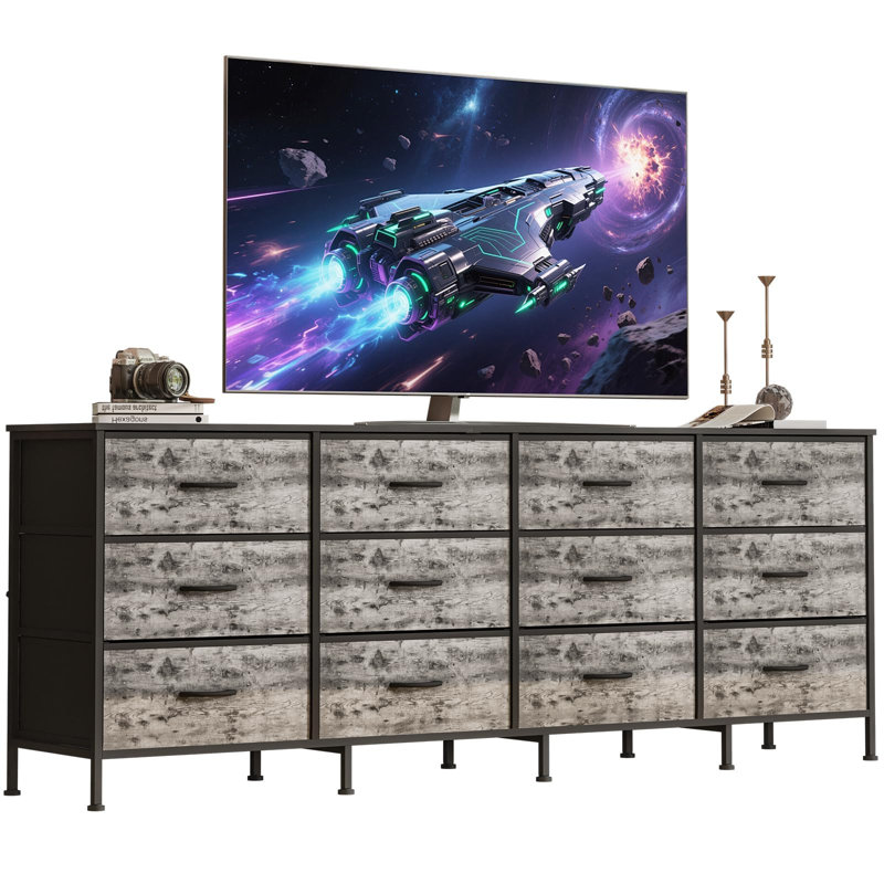 Meuble télé 70 po avec 12 tiroirs en tissu, station de charge et support pour téléviseur de 80 po ou moins, Gris