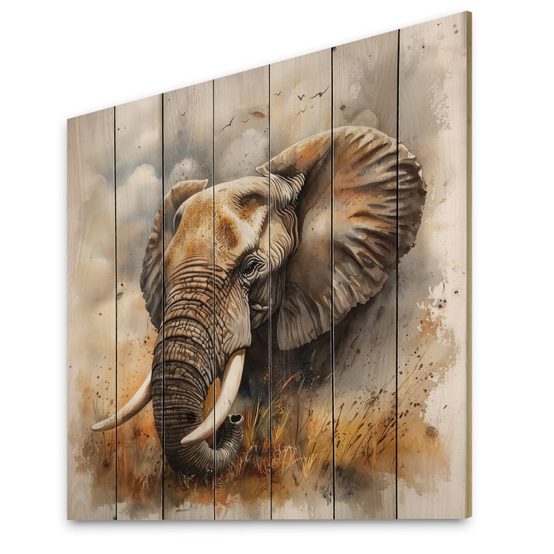 «African Elephant Memories II», impression sur bois gris moderne sur bois de pin naturel, H 15 po x l 15 po