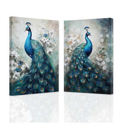 Paon, ensemble de 2 reproductions murales de paon bleu