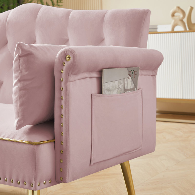 Canapé-lit en velours avec poche de rangement et table d'appoint, Rose