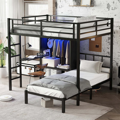Lit superposé en métal avec bureau pliant, garde-robe à DEL, peu encombrant / réduit le bruit