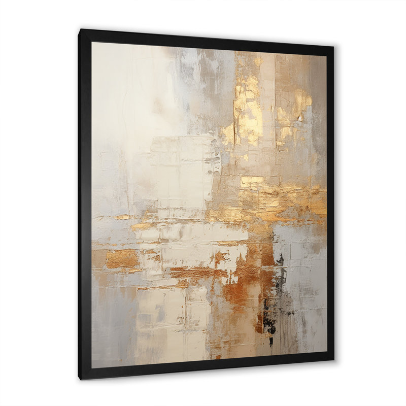 Or et blanc abstrait divisé - formes abstraites, impression sur toile, H 32 po x l 24 po x P 1 po, Cadre simple noir