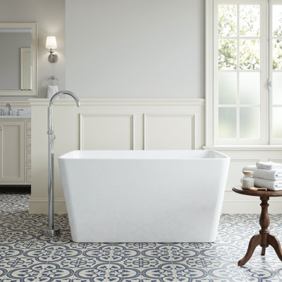 Baignoire autoportante contemporaine en acrylique de 119 x 71 cm avec siège, trop-plein invisible et bonde chromé à clapet, certifiée CUPC, blanc lustré