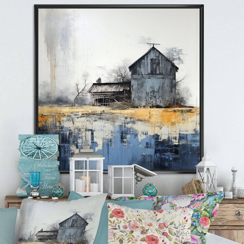 Mystic beige et grange bleue sur toile, Cadre flottant noir, H 16 po x l 16 po x P 1 po