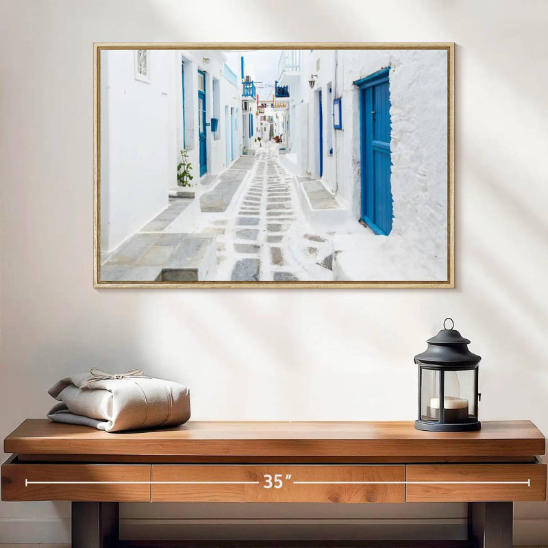 Mykonos Street, 25" X 17", Floating Frame Natural Wood