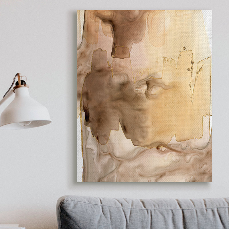 Abstrait de peinture mouillée, coups d'aquarelle brune, H 48 po x l 36 po, Toile tendue