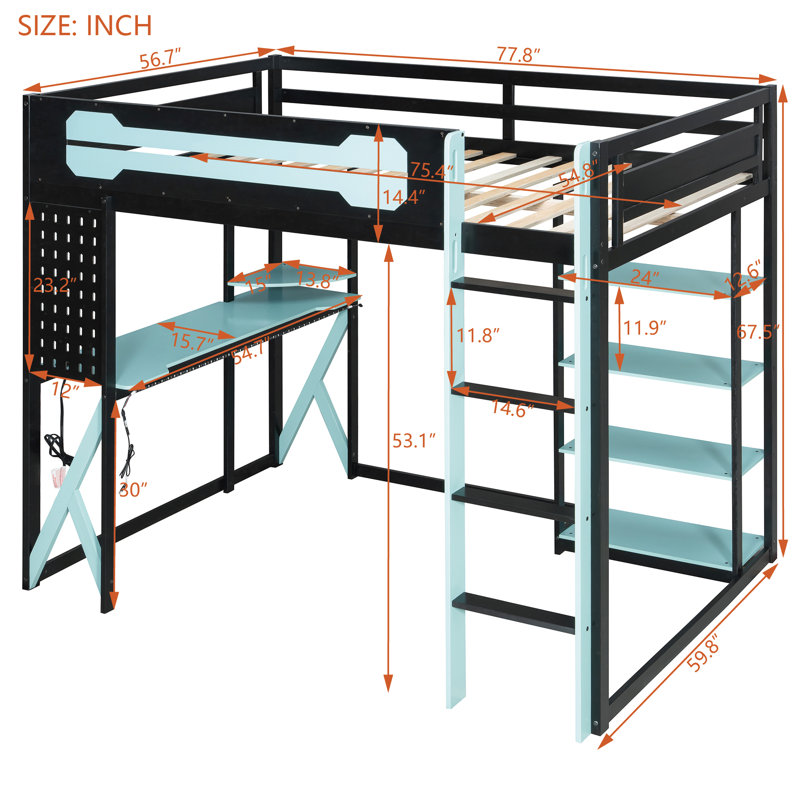Lit mezzanine double avec bureau éclairé, tablettes de rangement et prise de courant, Bleu