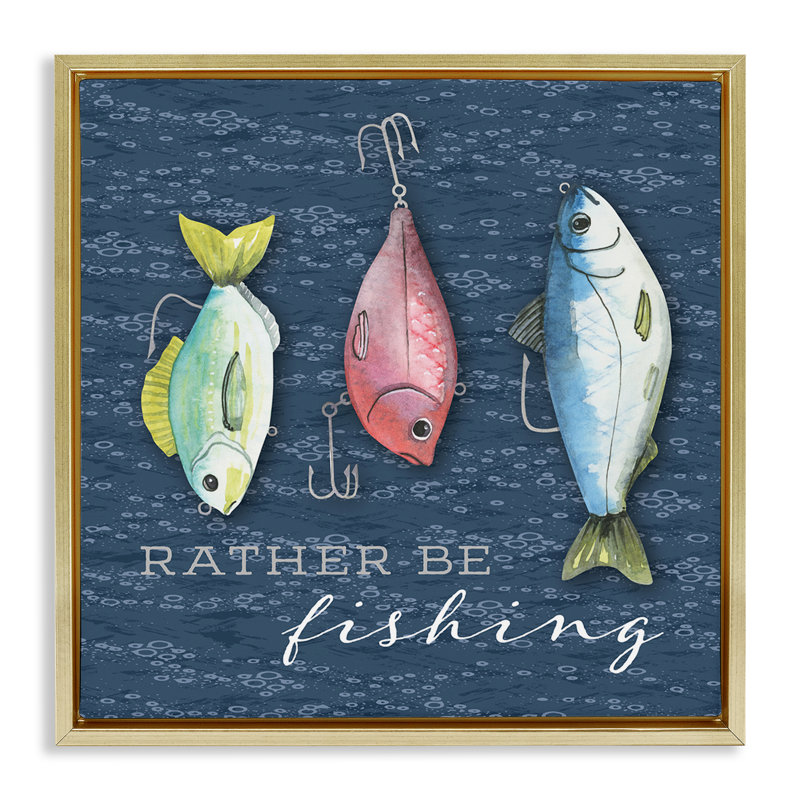 «Rather Be Fishing Bait Floater», art mural par Holly Thomas Stein, H 18 po x l 18 po, Cadre flottant métallique doré