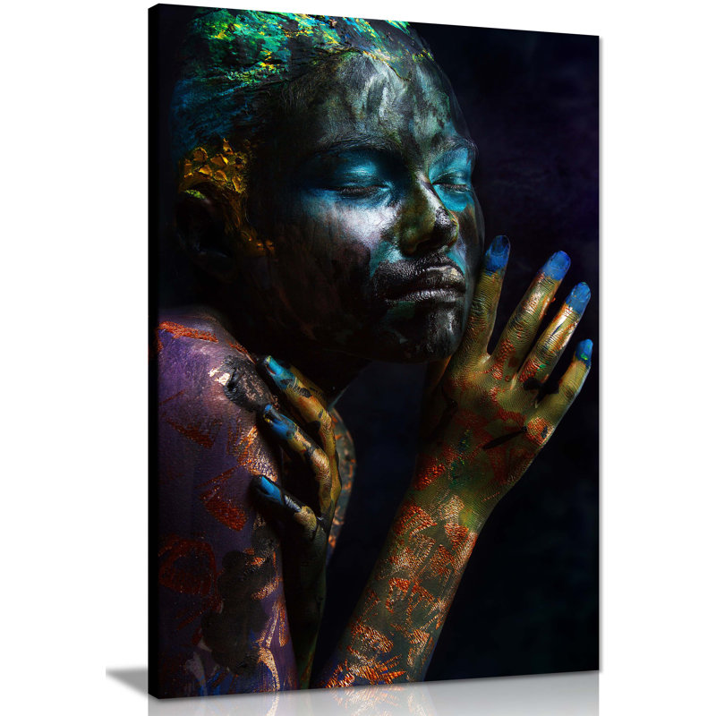 Panther Print Fine Art Prints Woman In Metallic Black & Purple Face & Body Paint Portrait Artistic Framed Canvas Prints, Pictures For Home Walls, Bedroom, Living Room & Bathroom Decor - Wrapped Canvas Art Prints