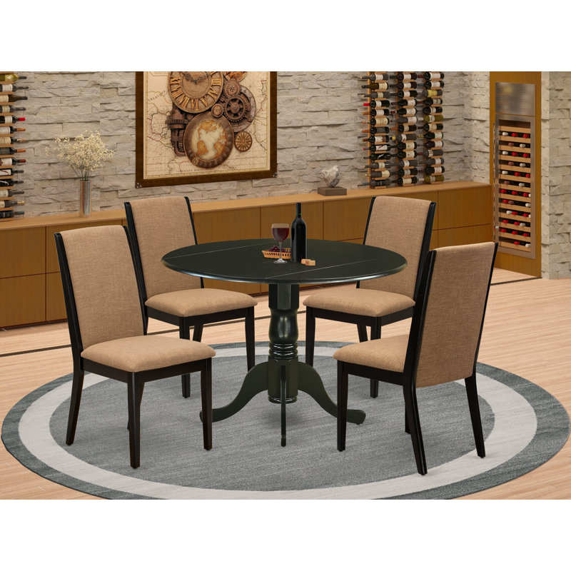 5 Piece Dining Set Includes a Round Dining Room Table with Dropleaf and 4 Light Sable Linen Fabric Upholstered Parson Chairs, 42x42 Inch, Black