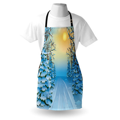 East Urban Home Winter Apron Unisex, Snowy Forest Path Landscape, Adult Size, Blue Yellow