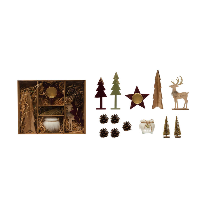 Candle Garden Kit With Bottle Brush Trees, Tealights, Pinecones And Wood Figures