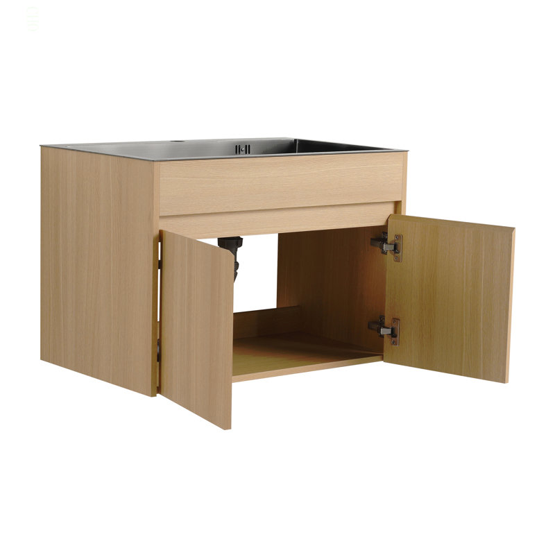 Armoire de salle de bain murale 28 po avec lavabo en acier inoxydable et tuyau de vidange flexible, porte à fermeture en douceur, contreplaqué, emballage KD