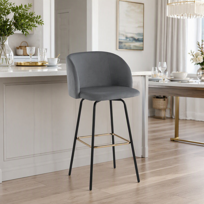 Tabouret de bar à hauteur fixe avec pivot en métal noir et velours gris avec repose-pieds carré en métal doré - ensemble de 2