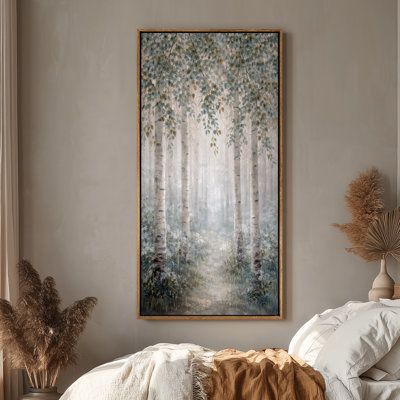Large Framed Canvas Wall Art - Misty Birch Tree Forest Vertical Landscape Decor - 60"x20", 60"x30"