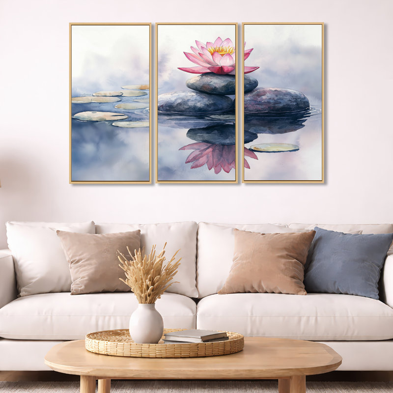 "Stacked Stones Wall Art", ensemble de 3 impressions sur toile encadrées de lotus, H 32 po x l 48 po, Cadre crème crème