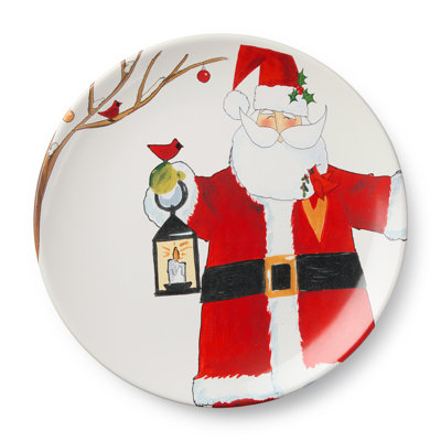 Santa Delight Set of 4 Dinner Plates — Four assorted 11-inch ceramic dinner plates in whimsical Santa illustrations and festive holiday patterns for the most joyful holiday table.