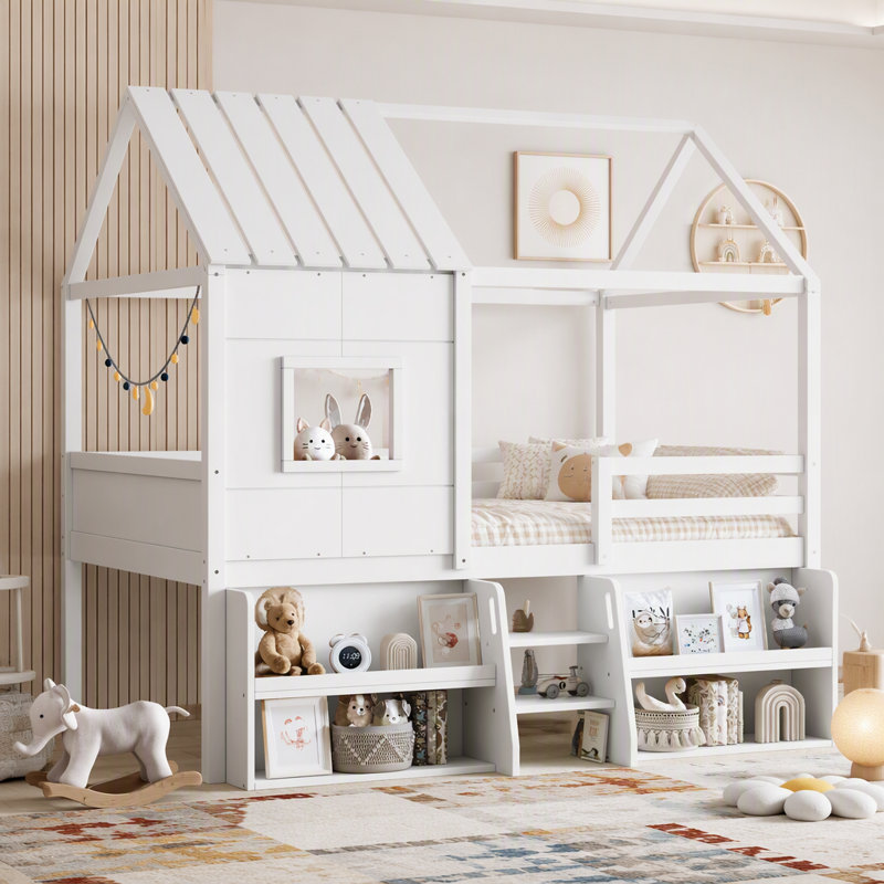 Lit mezzanine double avec tablettes de rangement et escaliers, Double, Blanc