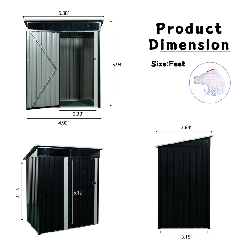 Black 5Ft X 3Ft Outdoor Metal Storage Shed With Transparent Panel - Galvanized Steel Frame, Hinged Door, Easy Assembly, Steel, Shed, Endurance Plate, Strong To Assemble, Insect And Rot Proof