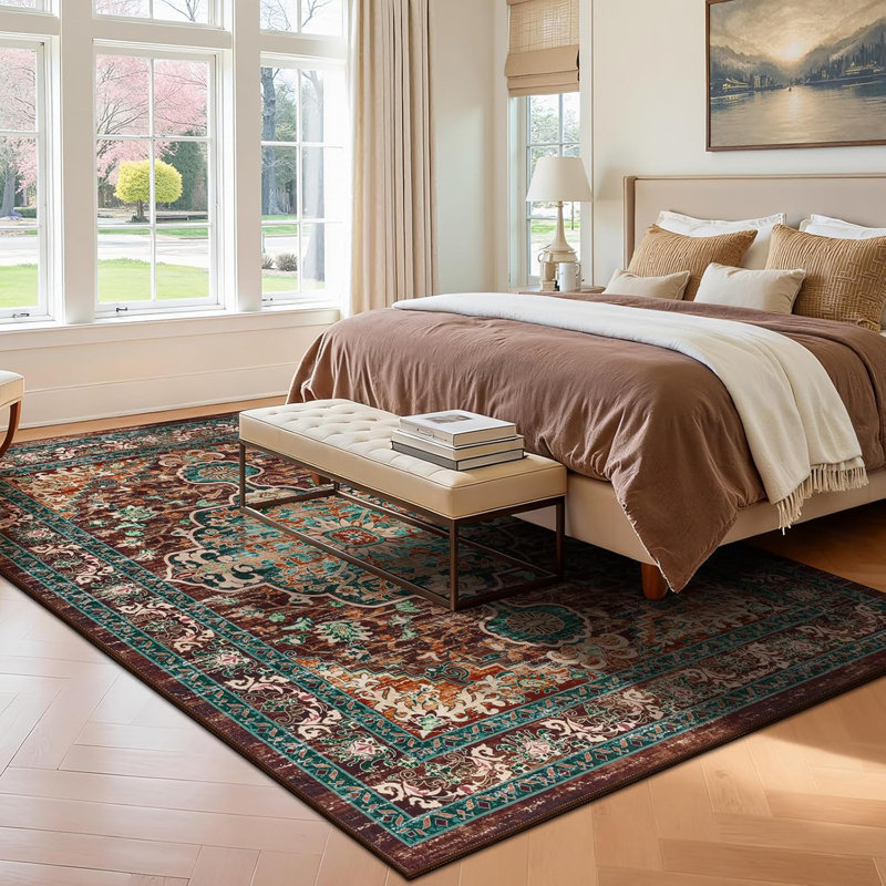 Boho Oriental Area Rug Non-slip Washable Low Pile Carpet, Brown/Red/Orange/Green, Rectangle 5'× 7'