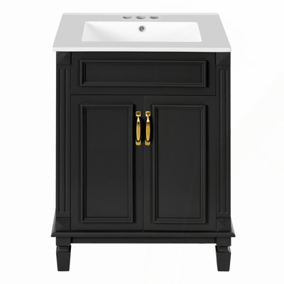 48 Inch Freestanding Bathroom Vanity with Gold Legs, 3 Drawers, 2 Doors, Black Stone Pattern Ceramic Basin, and Sintered Stone Top