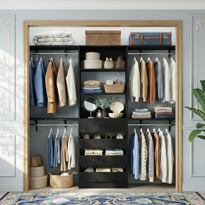 21"-95"Closet System With 4 Drawers And 4 Rods, Black