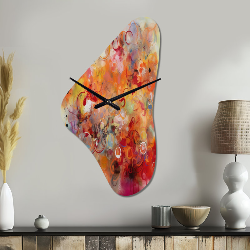 Schrang Orange Red Marbled Dreamscape I - Unique Shape Geometric Metal Wall Clock, Asymmetrical Clock Print, Large
