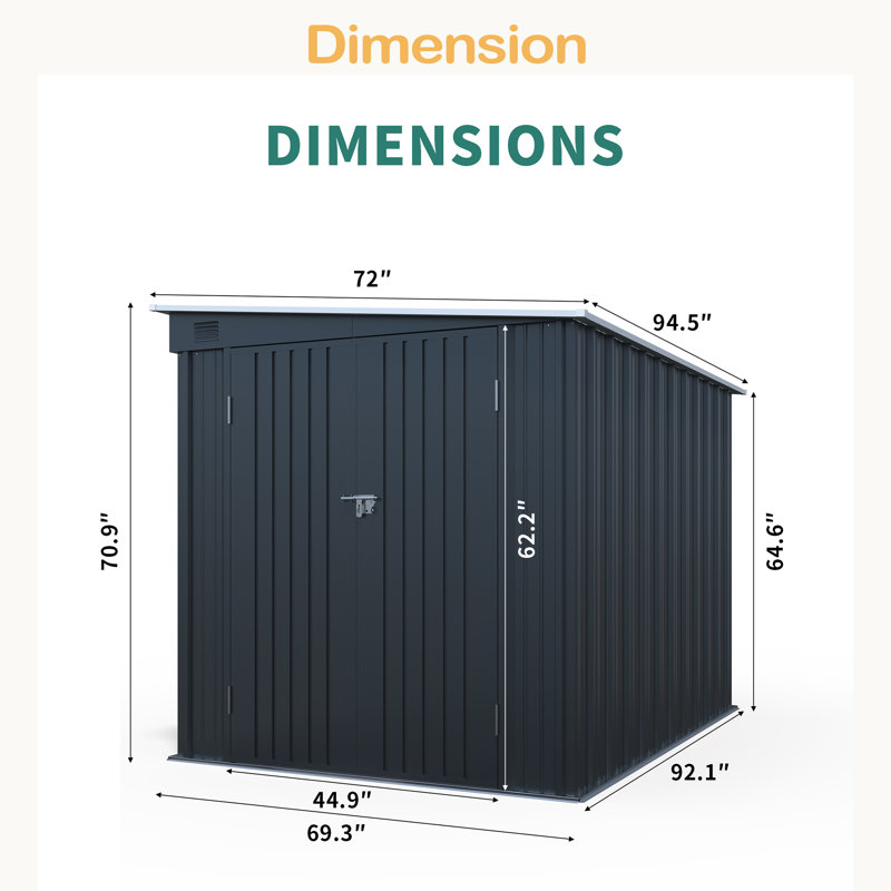 Abri de jardin en acier galvanisé de 1,8 x 2,4 m avec double porte verrouillable, abri adossé en métal avec panneau lumineux en polycarbonate offert pour outils