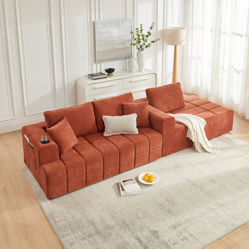 Canapé modulaire en L en chenille avec méridienne, confort de style nuage, porte-gobelets, poches latérales, aucun assemblage requis