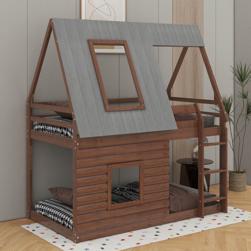 Lit superposé simple en bois avec toit, échelle et 2 fenêtres
