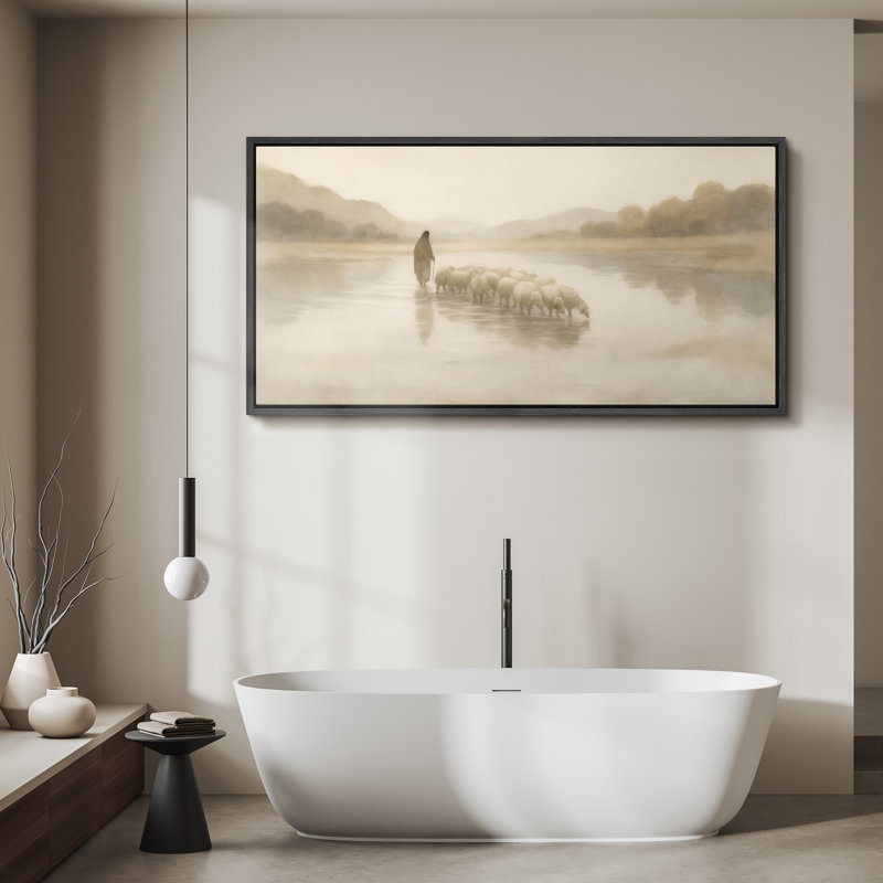 Grande impression sur toile encadrée - Jésus et moutons pour une décoration moderne, Naturel, H 30 po x l 60 po