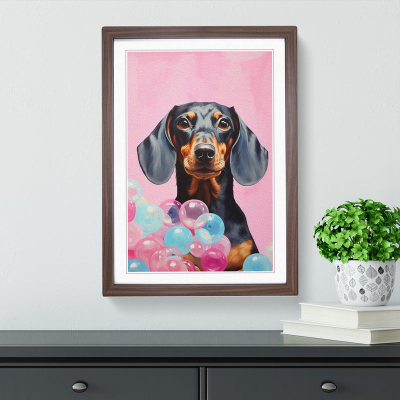 Dachshund Bubble Gum No.3 - Single Picture Frame Print on Wood, Walnut, 46cm H x 34cm W x 2cm D