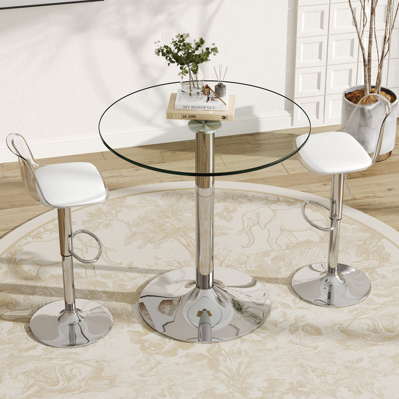 Tempered Glass Round Bar Table Set With Lift And 360° Rotating Chairs, 3 Pieces: Table, 2 Chairs