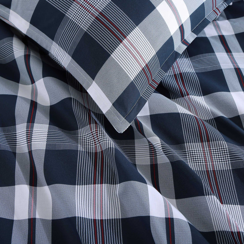 Ensemble de housse de couette en coton Tommy Hilfiger Dream Madras, Housse de couette pour grand lit + 2 taies décora, 3