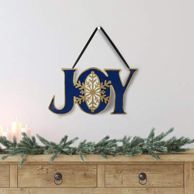Enseigne murale de Noël en métal 16 "bleu et or" JOY "