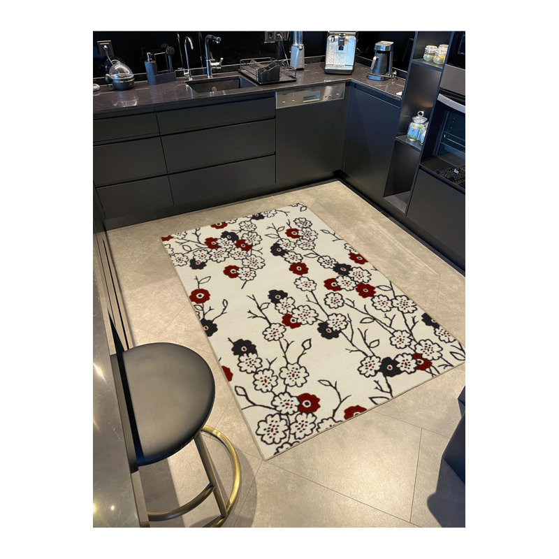 Tapis crème lavable à la machine à motif floral crème, Sous-tapis rectangulaire 3 pi 11 po x 5 pi 11 po i
