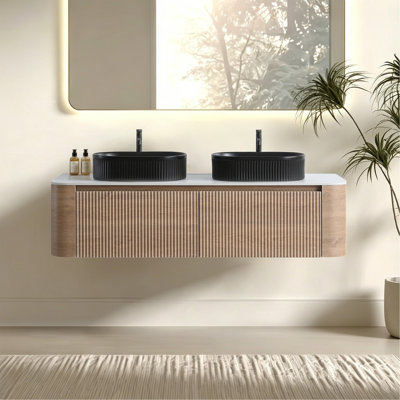 Meuble-lavabo de 60 po avec lavabo, armoire murale en chêne miel avec porte-serviettes gratuit, conception de deux lavabos en céramique à rayures ovales noires, sans drain ni robinet, pré-assemblé