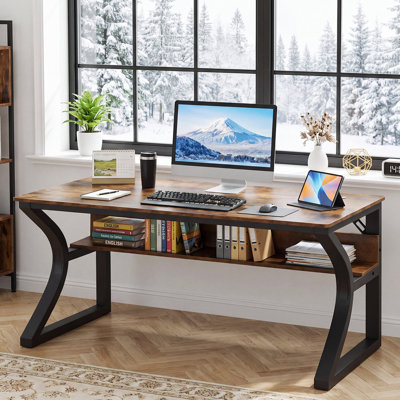 Bureau d'ordinateur, bureau de direction avec plateau en bois épais et structure en acier