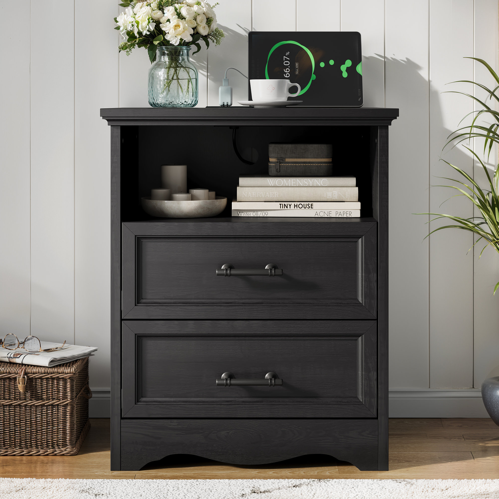 Winston Porter Farmhouse Nightstand With Charging Station, Black Wood — free download