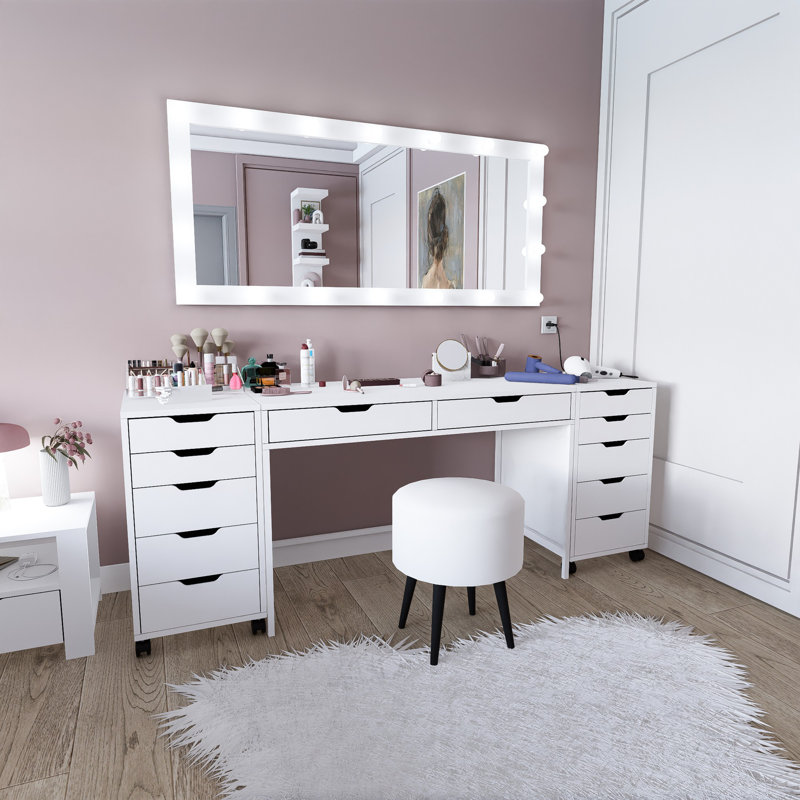 Table à maquillage moderne, blanc mat, 78,7 po x 30,5 po x 21,7 po | 100% panneau de particules enduit de mélamine, épaisseur: 0,7 pouce | Design élégant et fonctionnel pour la beauté et le toilettage, idéal pour les espaces contemporains